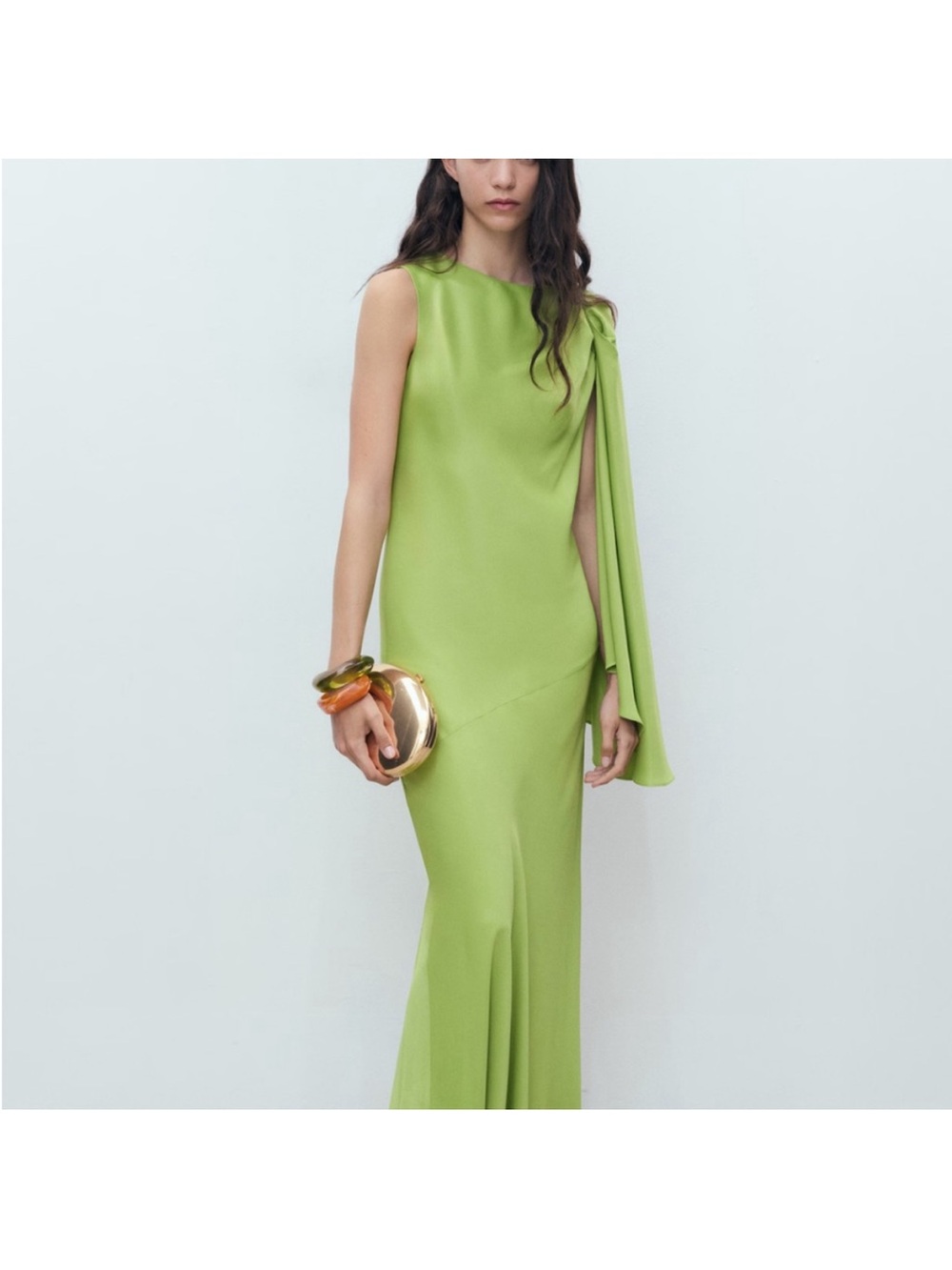 Mango Lime Green One-Shoulder Evening Dress